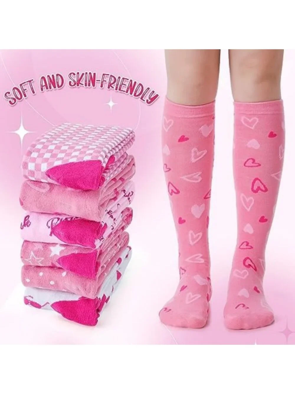 6 Pairs Pink Knee High Socks for Women & Girls | Preppy Tube Style, Cozy & Cute